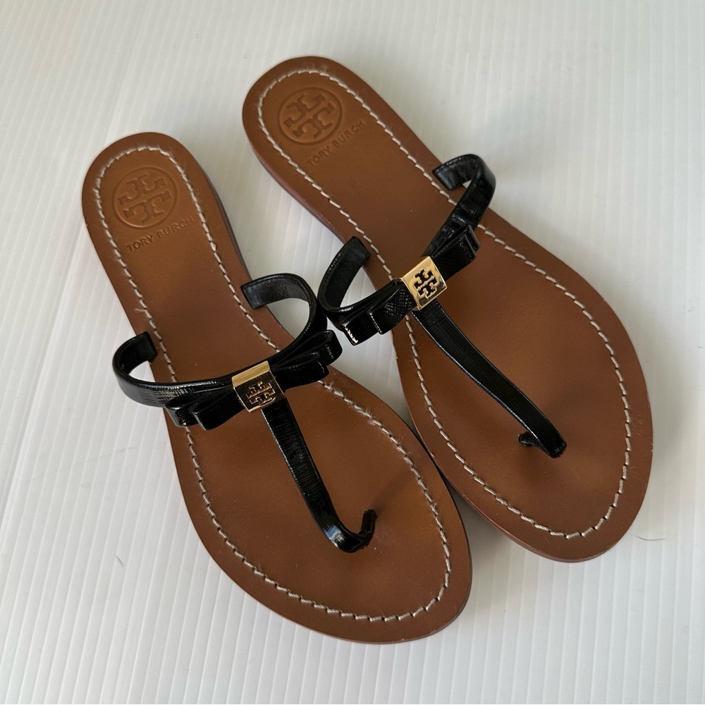 Tory Burch Leighanne Patent Leather Sandals Black, 8.5